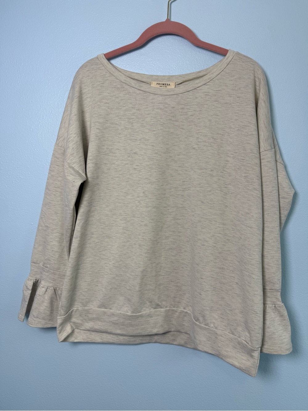 Promesa Heather Gray and Cream Ruffle Cuff Pullover Sweatshirt